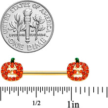 Load image into Gallery viewer, 14G 5/8 Orange Gem Pumpkin Halloween Barbell Nipple Ring Set