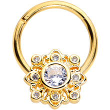 Load image into Gallery viewer, 16G 3/8 Clear CZ Gem Gold Tone Regal Seal Hinged Segment Ring