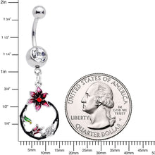 Load image into Gallery viewer, Clear Gem Black Hoop Pink Flower Dangle Belly Ring