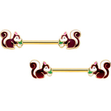 Load image into Gallery viewer, 14G 9/16 Gold Tone Snacking Squirrel Barbell Nipple Ring Set