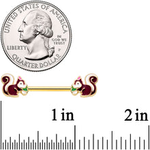 Load image into Gallery viewer, 14G 9/16 Gold Tone Snacking Squirrel Barbell Nipple Ring Set