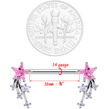 Load image into Gallery viewer, 14G 5/8 Pink Clear CZ Gem Shooting Star Barbell Nipple Ring Set