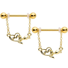 Load image into Gallery viewer, 14G 11/16 Gold Tone Love Rose Dangle Nipple Ring Set