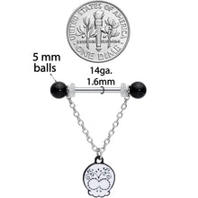 Load image into Gallery viewer, 14G 11/16 Black UV Ball Sugar Skull Chain Dangle Nipple Ring Set