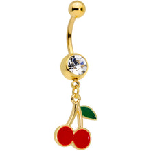 Load image into Gallery viewer, Clear Gem Gold Tone Charming Cherries Dangle Belly Ring
