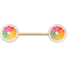 Load image into Gallery viewer, 14G 5/8 Gold Tone Rainbow Grapefruit Barbell Nipple Ring Set