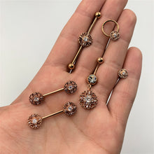 Load image into Gallery viewer, 14G Clear CZ Gem Rose Gold Tone Hearts Industrial Barbell 38mm