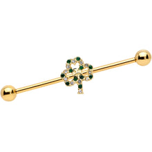 Load image into Gallery viewer, 14G Green Gem Gold Tone Double Shamrock Industrial Barbell 38mm