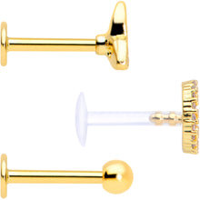 Load image into Gallery viewer, 16G 5/16 Clear CZ Gem Gold Tone Peace Labret Tragus Set of 3