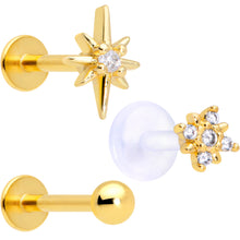 Load image into Gallery viewer, 16G 5/16 Clear CZ Gem Gold Tone Stars Labret Tragus Set of 3