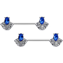 Load image into Gallery viewer, 14G 5/8 Blue Clear Gem Art Deco Fan Barbell Nipple Ring Set