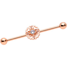 Load image into Gallery viewer, 14G Clear CZ Gem Rose Gold Tone Hearts Industrial Barbell 38mm