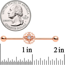 Load image into Gallery viewer, 14G Clear CZ Gem Rose Gold Tone Hearts Industrial Barbell 38mm