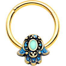 Load image into Gallery viewer, 16G 3/8 Gold Tone Aqua Ornate Hamsa Hand Septum Ring