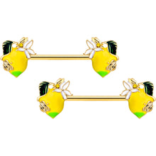 Load image into Gallery viewer, 14G 9/16 Gold Tone Lemon Bee Barbell Nipple Ring Set