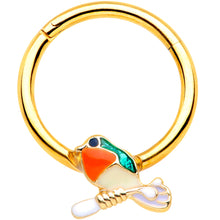 Load image into Gallery viewer, 16G 3/8 Green Gem Gold Tone Perched Bird Septum Ring