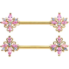 Load image into Gallery viewer, 14G 9/16 Pink CZ Gem Gold Tone Pretty Barbell Nipple Ring Set