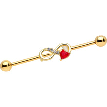 Load image into Gallery viewer, 14G Clear Red Gem Gold Tone Treble Clef Industrial Barbell 38mm