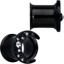 Load image into Gallery viewer, Clear Gem Black Crescent Moon Double Flare Tunnel Plug Set