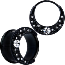 Load image into Gallery viewer, Clear Gem Black Crescent Moon Double Flare Tunnel Plug Set