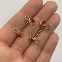 Load image into Gallery viewer, 14G 9/16 Clear Red Gem Gold Tone Treble Clef Barbell Nipple Ring Set