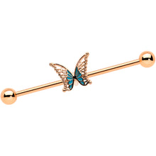 Load image into Gallery viewer, 14G Rose Gold Tone Bit of Blue Butterfly Industrial Barbell 38mm