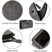 Load image into Gallery viewer, Vintage Faux Leather Long Wallet – Trifold Credit Card Holder with Snap & Zipper