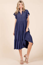 Load image into Gallery viewer, Ruffle Sleeve Collared V Neck Tiered Midi Dress For Women – Fluttering, Feminine and Polished Midi Dress with Layered Details For Any Occasion