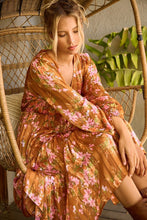Load image into Gallery viewer, Flower Print Satin Lurex Stripe Smocked Midi Summer Dress β Elegant Midi Dress, Satin Lurex Dress, Floral Dress, Smocked Waist Dress, Romantic Midi Dress, Special Occasion Dress