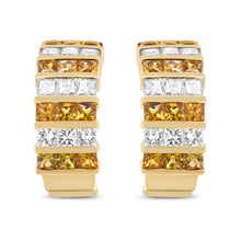 Load image into Gallery viewer, 18K Yellow Gold 1 3/4 Cttw Invisible Set Princess Cut Diamond and 2.5mm Yellow Sapphire Huggie Hoop Earrings (F-G Color, VS1-VS2 Clarity)