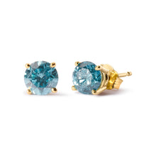 Load image into Gallery viewer, 14K Yellow Gold 1.0 Cttw Treated Aqua Blue Diamond Classic Solitaire Stud Earrings (Aqua Blue Color, I2-I3 Clarity)
