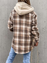 Load image into Gallery viewer, Vintage Retro Style Women Camel Plaid Button Up Jacket with Removable Hood Classic & Cozy Everyday Wear