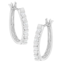 Load image into Gallery viewer, 10K Yellow Gold Round and Baguette Cut Diamond Oblong Hinged Leverback Hoop Earrings (¼ Cttw, I-J Color, I2-I3 Clarity)