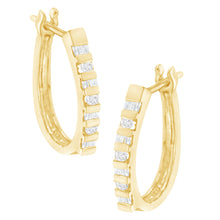 Load image into Gallery viewer, 10K Yellow Gold Round and Baguette Cut Diamond Oblong Hinged Leverback Hoop Earrings (¼ Cttw, I-J Color, I2-I3 Clarity)