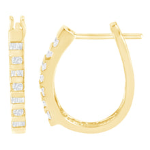 Load image into Gallery viewer, 10K Yellow Gold Round and Baguette Cut Diamond Oblong Hinged Leverback Hoop Earrings (¼ Cttw, I-J Color, I2-I3 Clarity)