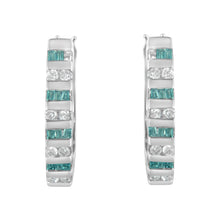 Load image into Gallery viewer, 10k White Gold Round and Blue Baguette 1/2 cttw Diamond Hoop Earrings (I-J Color, I2-I3 Clarity)