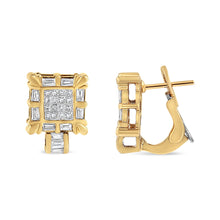 Load image into Gallery viewer, 14K Yellow Gold 7/8 Cttw Princess and Baguette-Cut Diamond Square Framed Huggie Hoop Omega Earrings (H-I Color, SI1-SI2 Clarity)