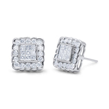 Load image into Gallery viewer, 14K White Gold 1.0 Cttw Round Brilliant & Princess Cut Diamond Scallop-Edge Framed Square Halo Stud Earrings (G-H Color, SI1-SI2 Clarity)