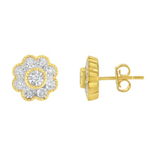Load image into Gallery viewer, 14K Yellow Gold Plated .925 Sterling Silver 1/6 Cttw Miracle-Plate Set Diamond Floral Stud Earrings (I-J Color, I2-I3 Clarity)