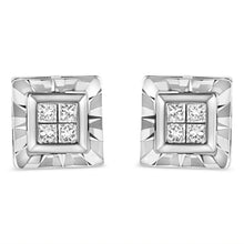 Load image into Gallery viewer, .925 Sterling Silver 1/6 Cttw Invisible Set Princess-Cut Diamond Quad Composite Stud Earrings (H-I Color, I1-I2 Clarity)