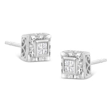 Load image into Gallery viewer, .925 Sterling Silver 1/6 Cttw Invisible Set Princess-Cut Diamond Quad Composite Stud Earrings (H-I Color, I1-I2 Clarity)