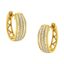 Load image into Gallery viewer, 10K Yellow Gold 3/4 Cttw Pave and Channel Set Diamond Triple Row Modern Hoop Earrings (I-J Color, I2-I3 Clarity)