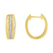 Load image into Gallery viewer, 10K Yellow Gold 3/4 Cttw Pave and Channel Set Diamond Triple Row Modern Hoop Earrings (I-J Color, I2-I3 Clarity)