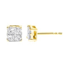 Load image into Gallery viewer, 10K Yellow Gold Plated .925 Sterling Silver 1.0 Cttw Princess-Cut Diamond Composite Multi Stone Stud Earrings (J-K Color, SI2-I1 Clarity)
