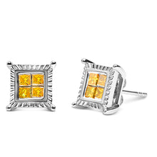 Load image into Gallery viewer, .925 Sterling Silver 1/2 Cttw Yellow Princess Diamond Quad Stud Earring