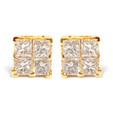 Load image into Gallery viewer, 10K Yellow Gold 3/4 Cttw Invisible Set Princess-Cut Diamond Composite Square Stud Earrings (I-J Color, I2-I3 Clarity)