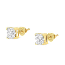Load image into Gallery viewer, 10K Yellow Gold 3/4 Cttw Invisible Set Princess-Cut Diamond Composite Square Stud Earrings (I-J Color, I2-I3 Clarity)