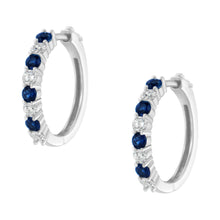 Load image into Gallery viewer, 10K White Gold, ½ Cttw Diamond, & ½ Cttw Lab-Grown Blue Sapphire Leverback Hoop Earrings (H-I Color, I1-I2 Clarity)
