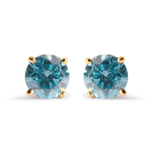 Load image into Gallery viewer, 14K Yellow Gold 1.0 Cttw Treated Aqua Blue Diamond Classic Solitaire Stud Earrings (Aqua Blue Color, I2-I3 Clarity)