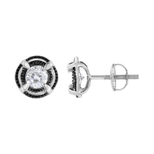 Load image into Gallery viewer, Black Rhodium Plated .925 Sterling Silver Round 1-1/2 cttw Diamond Double Halo 4-Prong Solitaire Milgrain Stud Earrings (H-I Color, I2-I3 Clarity)